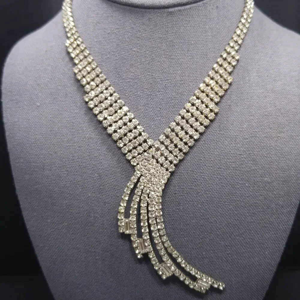 Vintage 1950s Rhinestone Statement Necklace, 5 Strand Fringe Drop Bridal Jewelry